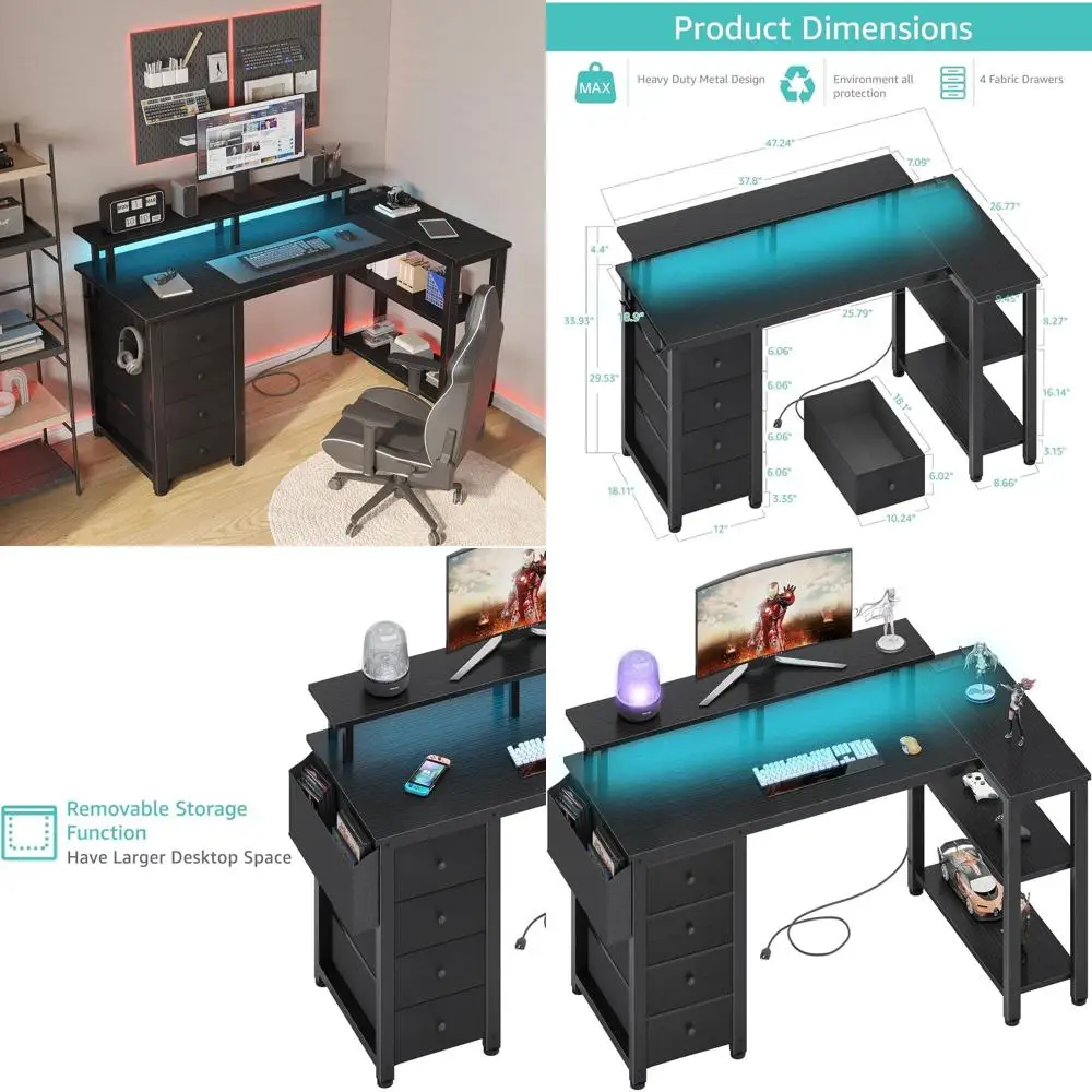 

Черный угловой стол L-образной формы 47 дюймов с LED-подсветкой, розетками, тканевыми ящиками и подставкой для монитора для учебы, игр или домашнего офиса