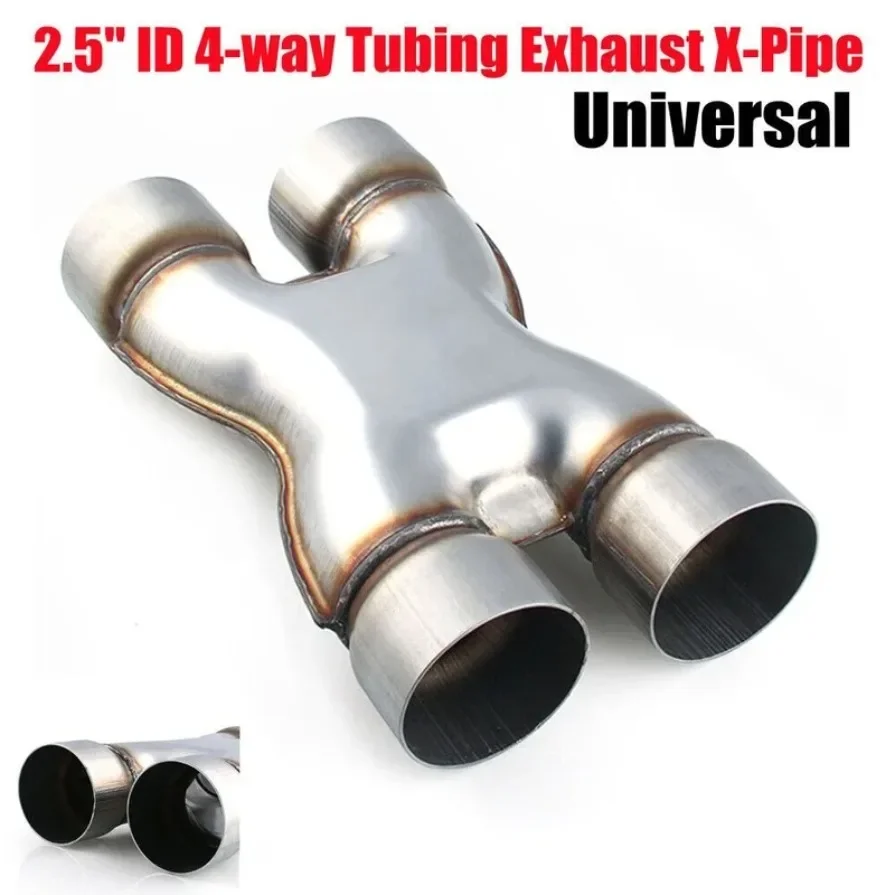 Car Stainless Steel Four-way Tubing Exhaust X-Pipe Adapter Connector Tube Trim 1pc