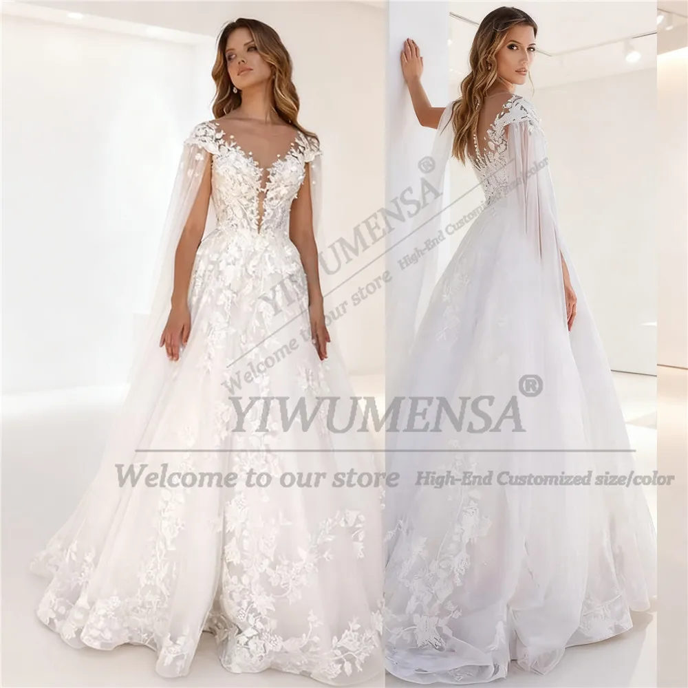 

Customized Wedding Dress With Sleeve Cape Scoop Neck A Line Lace Bridal Gown Sweep Train Glitter Bride Formal Occasion Attire