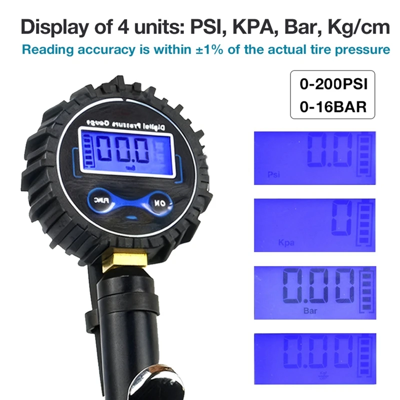 Super Sale Digital Tire Pressure Gauge 0-200PSI with EU JP US Interface High-Precision with LCD Display for Tire Repair