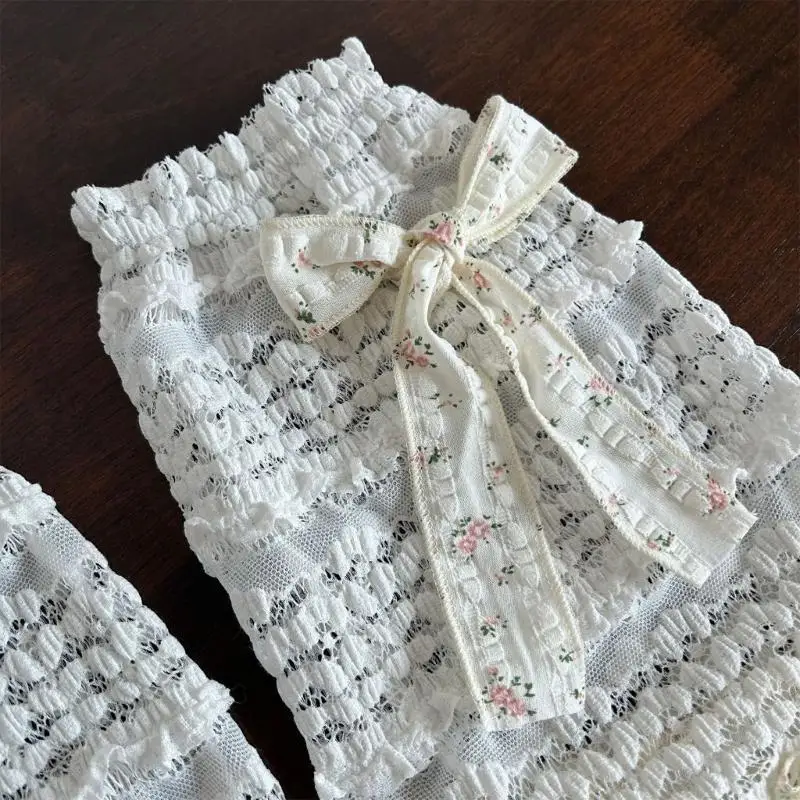 L5YC Aesthetic Elegant Layered Ruffle Lace Leg Warmers for Women Floral Pattern Leg Sleeve Covers Footless Socks with Bowknot