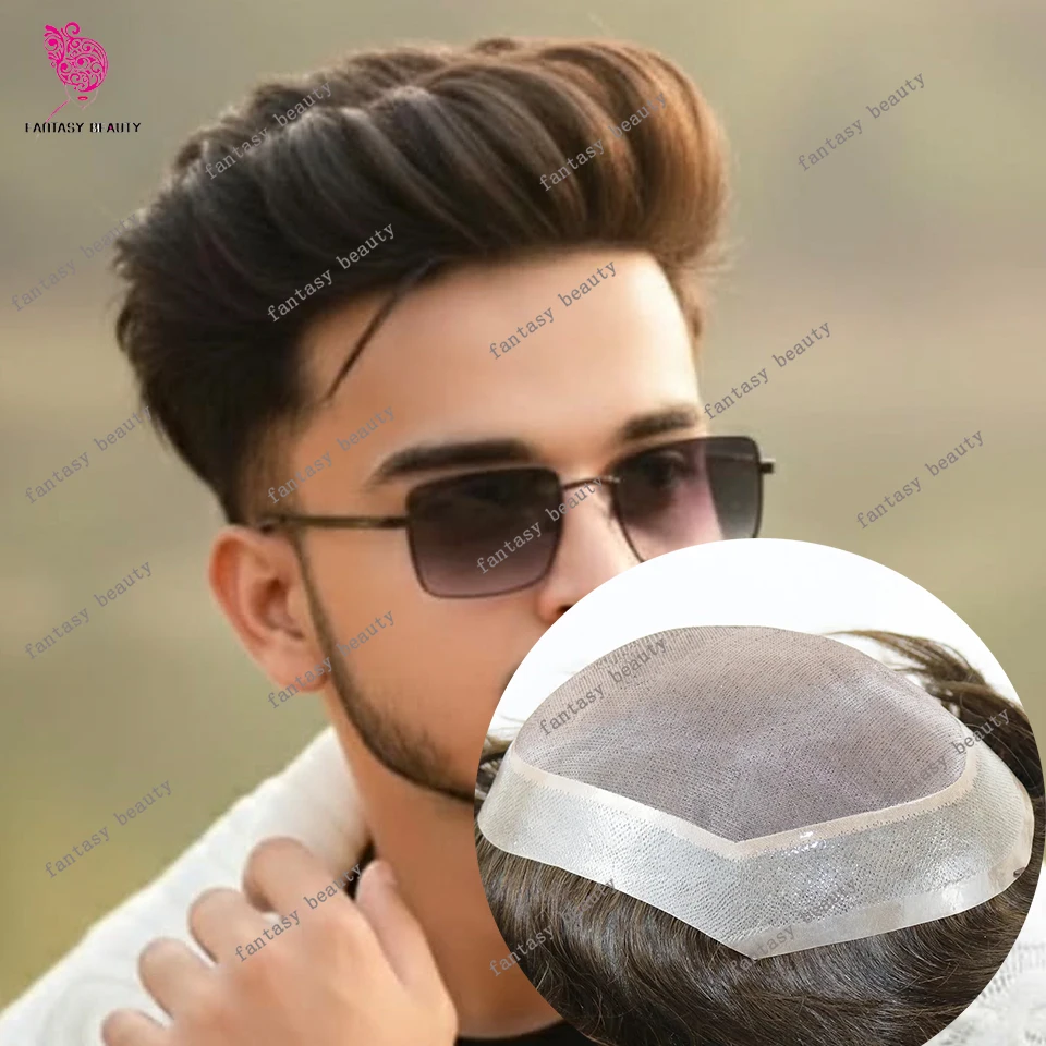 شعر مستعار طبيعي ناعم أحادي PU للرجال # 2 # 3 # 4 شعر مستعار بني صناعي مموج / شعر بشري مستقيم شعر مستعار للرجال قطعة شعر أصلع