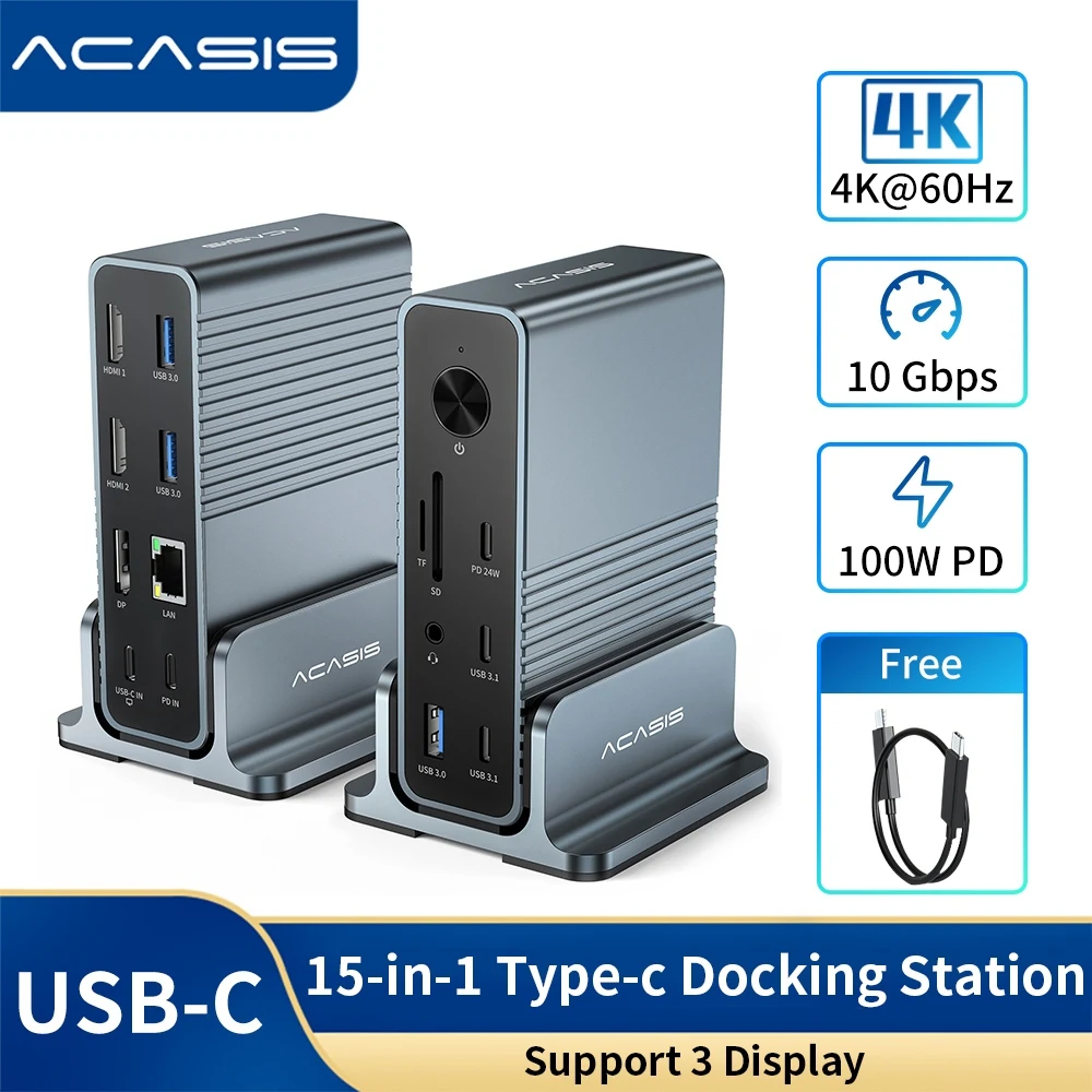 Док-станция ACASIS 15-в-1 USB C, 10 Гбит/с, док-станция типа C с дисплеем 4K HDMI DP 4K@60HZ SD/TF RJ45 PD100W для ноутбука Macbook Pro
