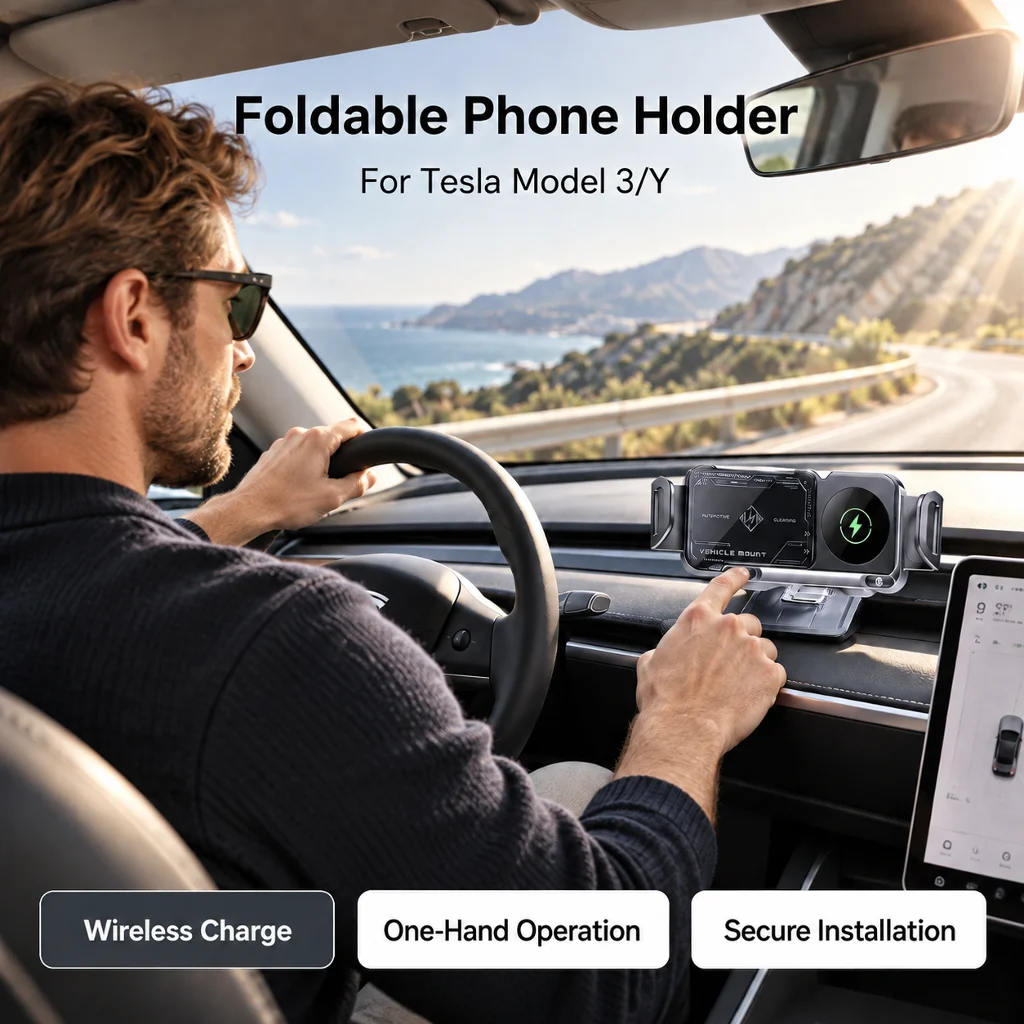 Automatyczny uchwyt samochodowy na telefon z funkcją zaciskania do Tesla Model 3 Highland Model Y, z bezprzewodowym ładowaniem, pasuje do telefonów z składanym ekranem o przekątnej 4,7-8,5 cala. — zdjęcie produktu 6