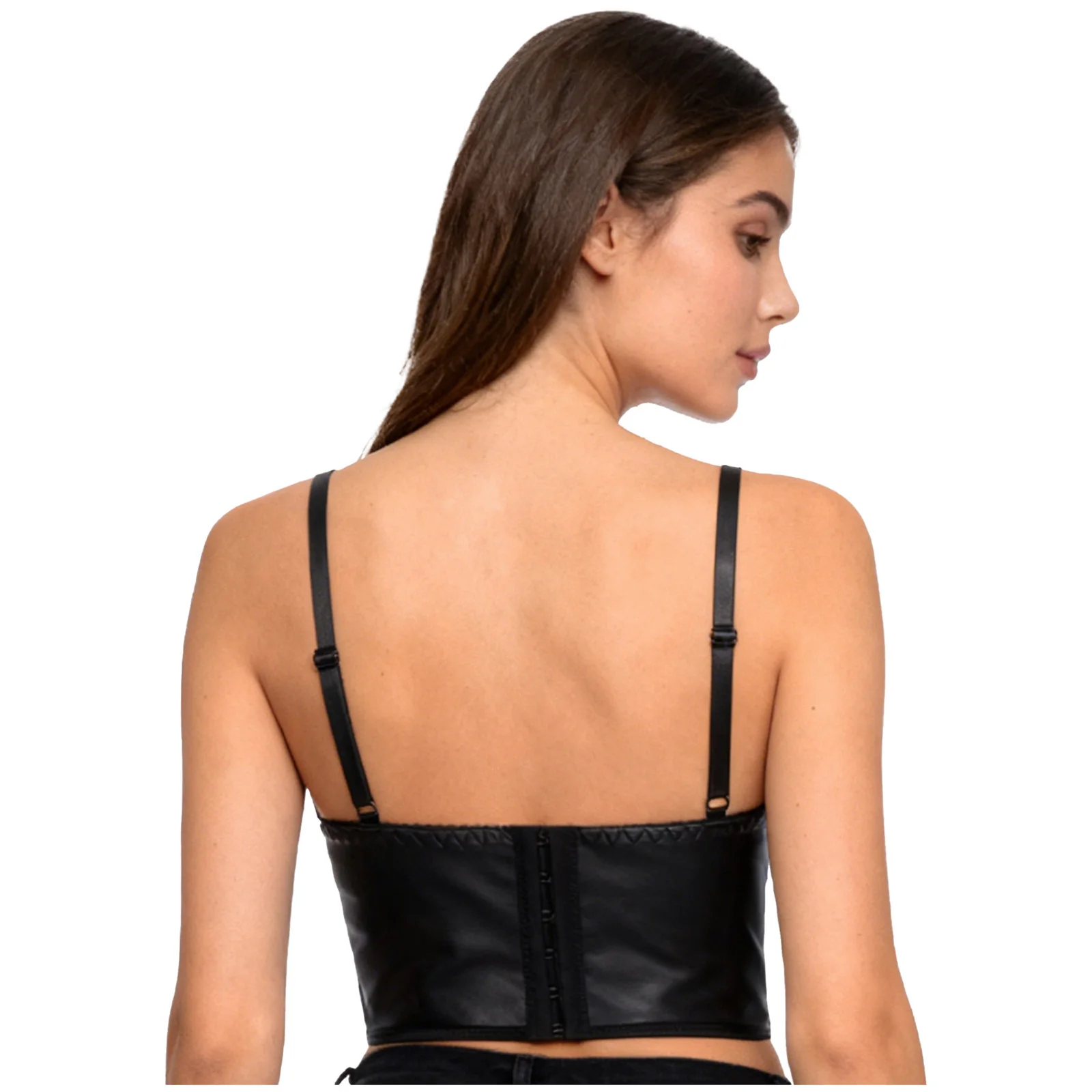 Women Cool Punk PU Leather Corset Bustier Rivets Cross And O-ring Decor Push-up Bra Boned Cropped Camisole Gothic Party Bar Tops