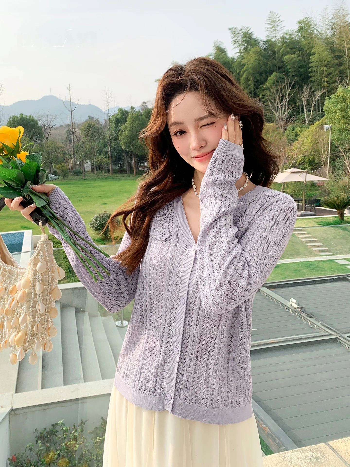 

Nice Feeling V-Neck Knitted Open Cardigan Women's Lightweight Outerwear French Style Soft Hollow out Long Sleeve Color