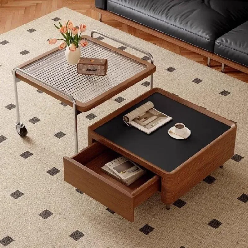 Mid-style coffee table combination square simple living room home retro mobile solid wood table trolley