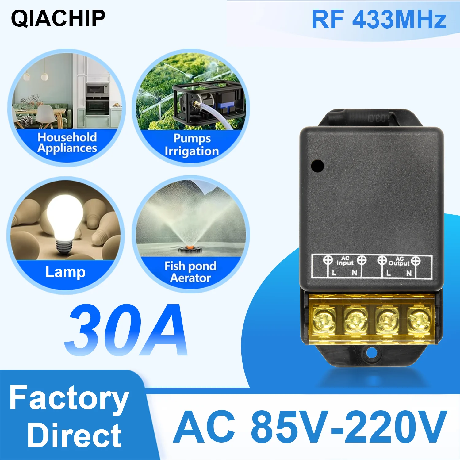 433Mhz Receiver Switch AC 110V/220V 30A High Power Repeater ON/OFF for Water Pump Motor LED/Electric Appliance