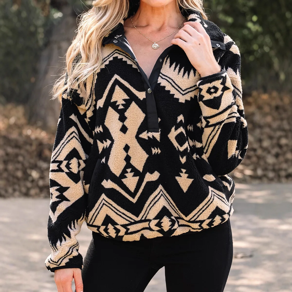 Sweat-shirt ample à manches longues pour femme, demi-fermeture éclair, imprimé géométrique, grande poche, haut chaud, nouvelle collection automne hiver 2025