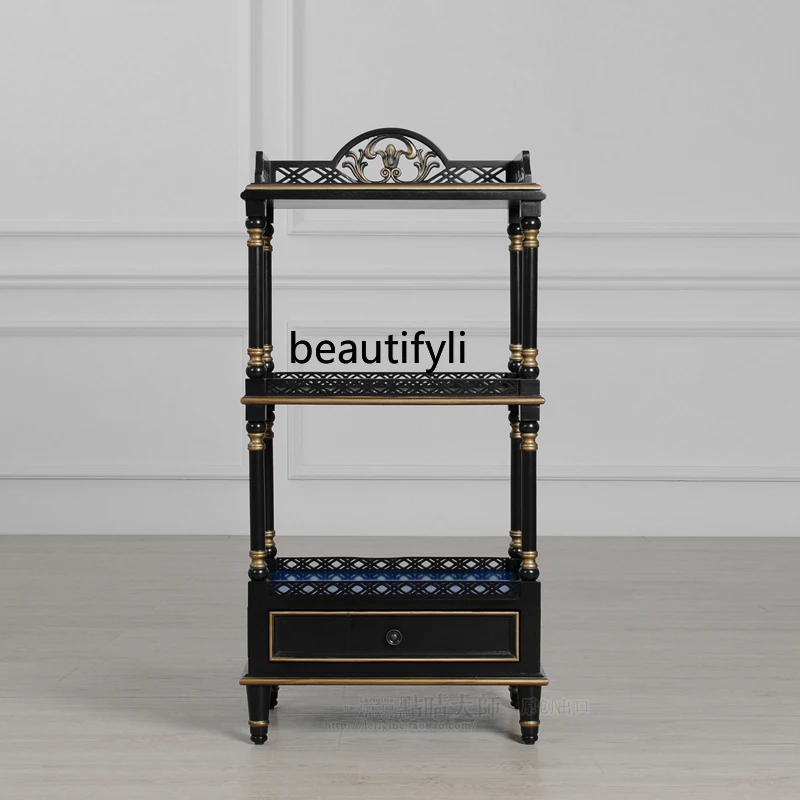 Blue and Black Painted Retro Three-Decker Book Shelf Classical Display Antique Shelf Storage Stand Shelves