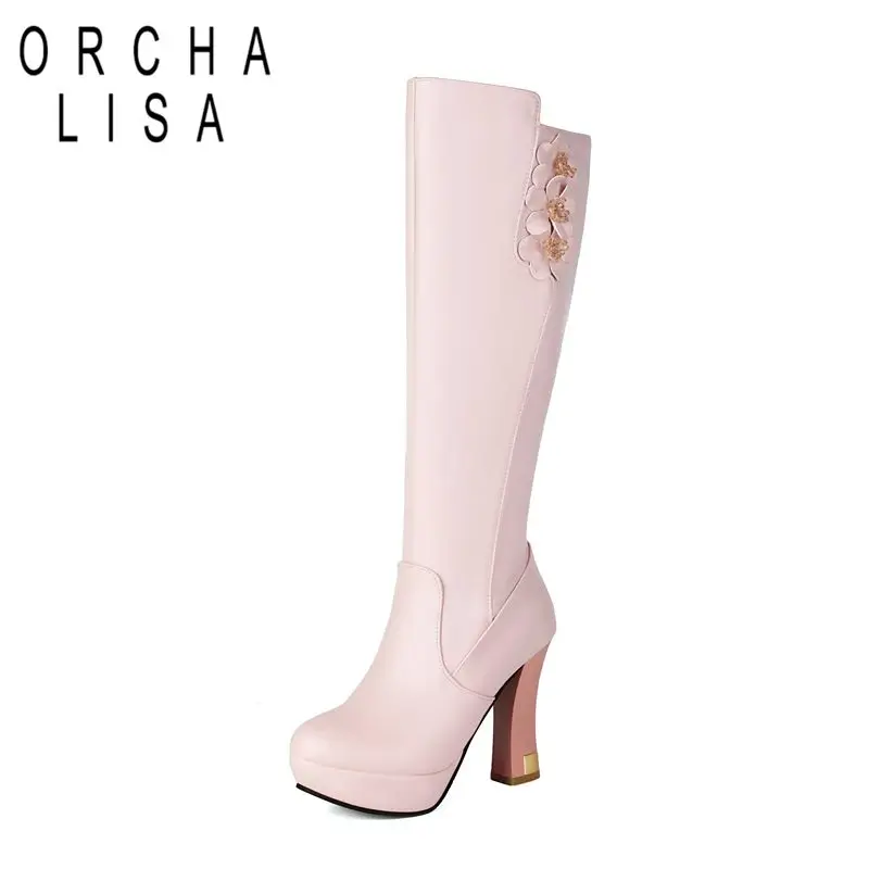 ORCHA LISA 2025 Sexy Women Dating Knee High Boots Round Toe Block Heels 10.5c Platform 2.5cm Zipper Flower Plus Size 41 42 43 32
