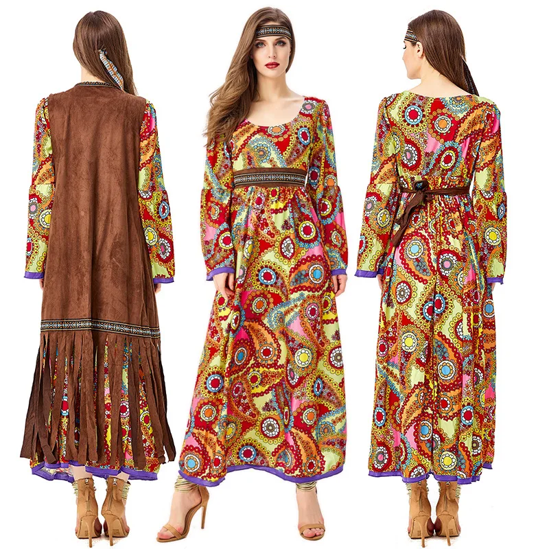 

1970S Retro Disco Hippie Dress Women's Fashion Hippie Costume Long Dress Party Retro Role Playing Dress 2Pcs