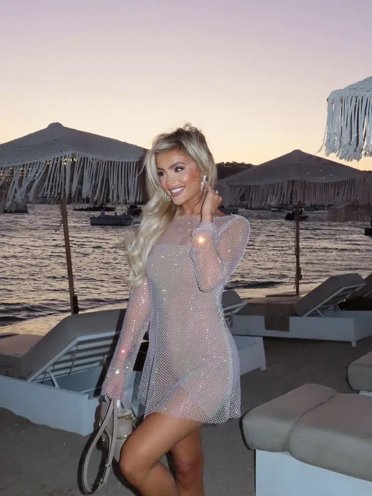 

Elegant Full Diamond Mesh Mini Dress For Women Sexy See Through Hollow Elastic Long Sleeve Dress Rave Party Evening Dresses New