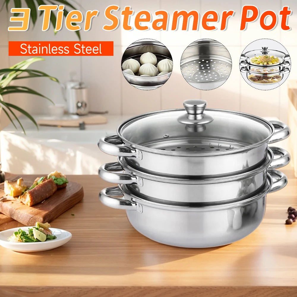 

Stainless Steel 3 Tier Steamer Pot with Visual Lid Multipurpose Cookware Induction Compatible for Dumpling Vegetable Stock Sauce