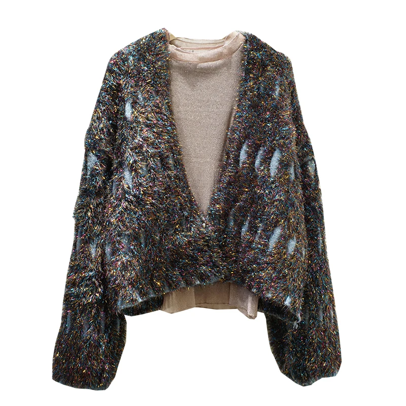 Cakucool donna Bling oro Lurex cardigan manica lunga impreziosito cappotto in maglia capispalla sciolto corea maglione con scollo a v punto aperto