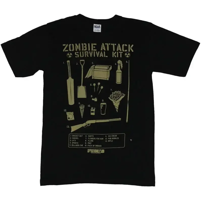 Shaun of the Dead Mens T Shirt Zombie Attack Survial Kit Image