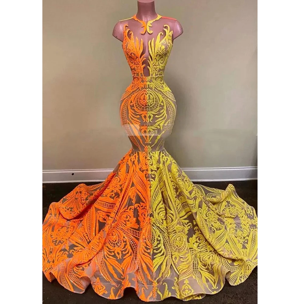 Latest Design Yellow Orange Contrast Color Prom Dress For Women Ruffled Hem Mermaid O Neck Sequined Vestidos Party Evening Gown