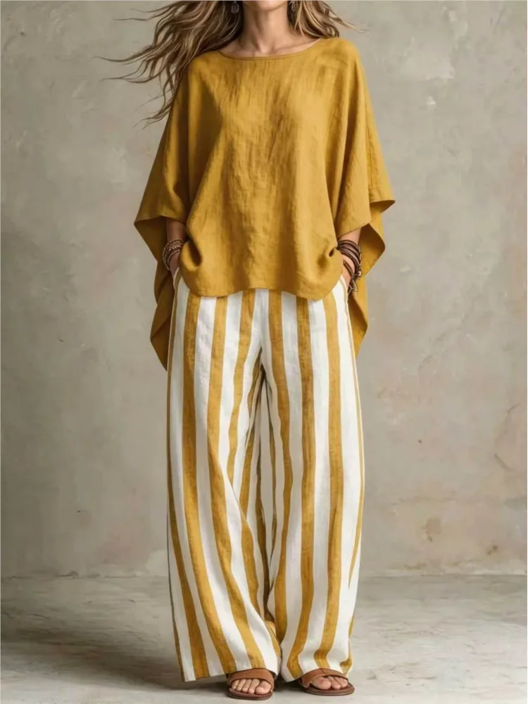 O-neck Short Bat Sleeve Women's T-shirt Pants Two-piece Set 2026 Summer Shirt Striped Trousers Loose Casual Tops And Pants Suit