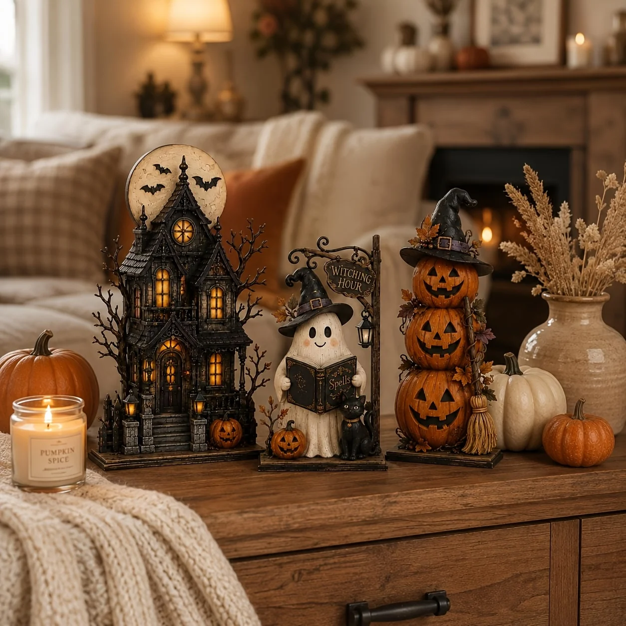 3pcs Vintage Wooden Haunted House & Pumpkin Decorations-Multi-Tier Gothic Shelf Rack Suitable for Halloween Tabletop Centerpiece