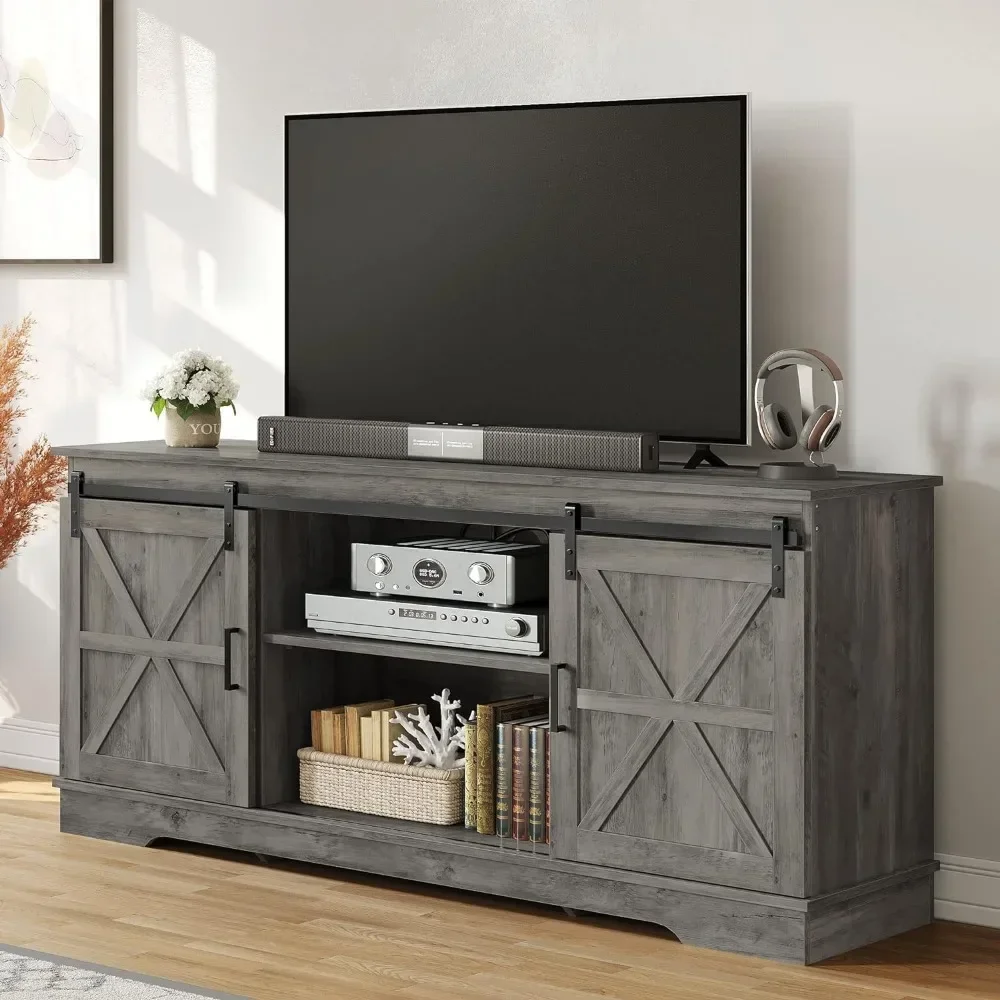 Madeira tv stand com porta de correr, estilo moderno e rústico, para tv 65/60/55 polegadas