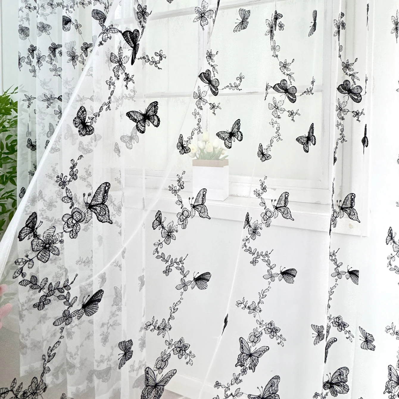 

1PC French Embroidered Beautiful Black Butterfly Sheer Curtains For Living Rooms, Bedrooms, Window Tulle Curtains,Home Curtian