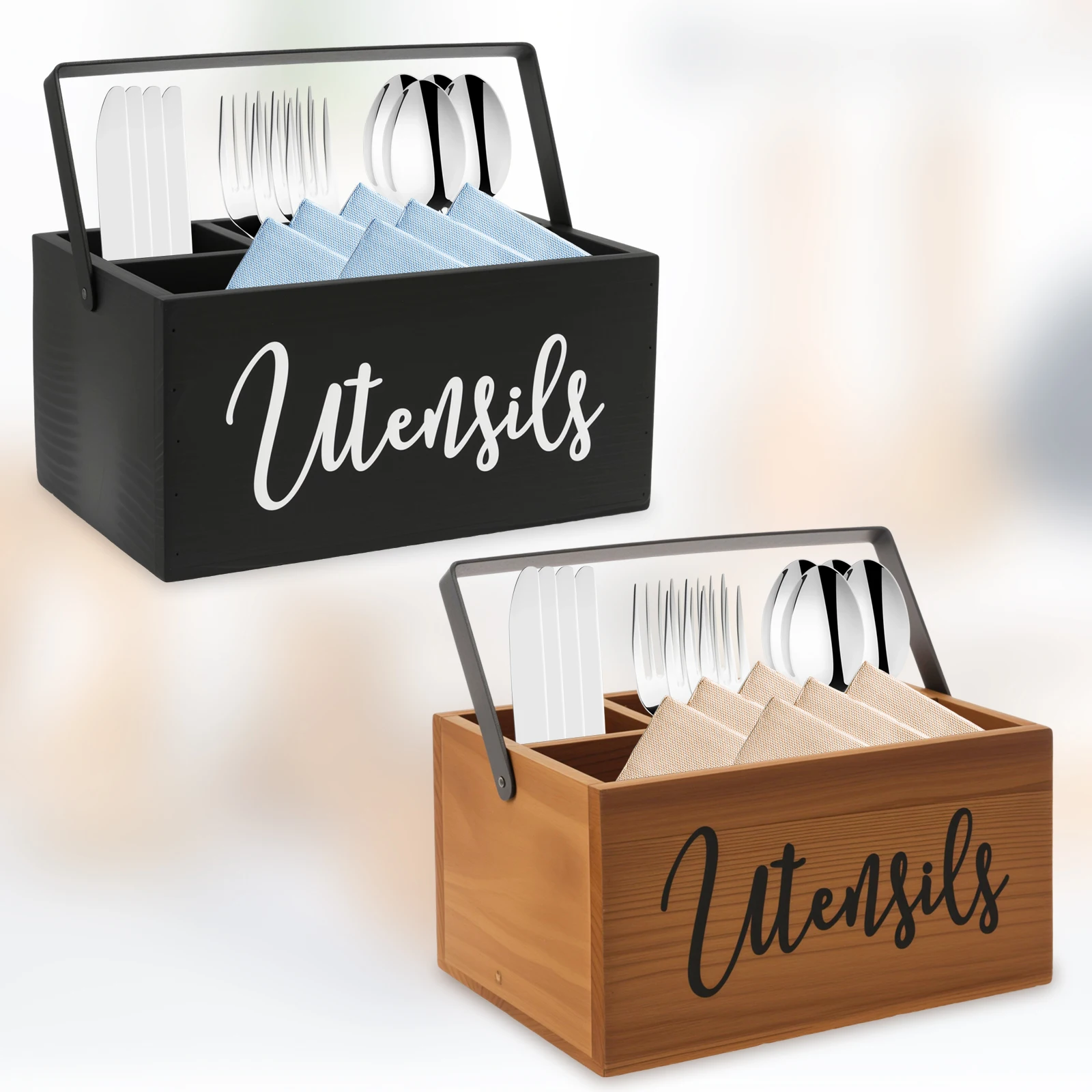 Utensilienhalter aus Holz, Löffel, Gabel, Geschirr, Aufbewahrungsregal mit 4 Ablagefachen, tragbarer Besteck-Organizer mit Griff