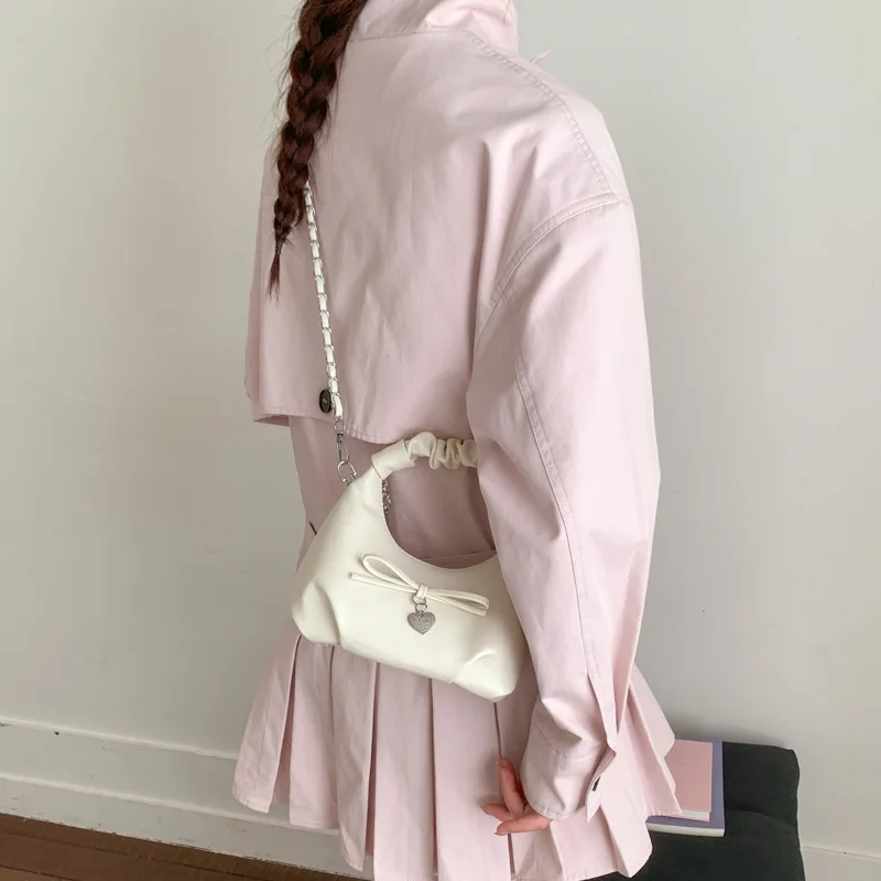 Fashion Sweet Folds Bow Knot Women's Handbags 2026 New Korean Solid Color Chains Shoulder Bag Spring Exquisite Messenger Bags