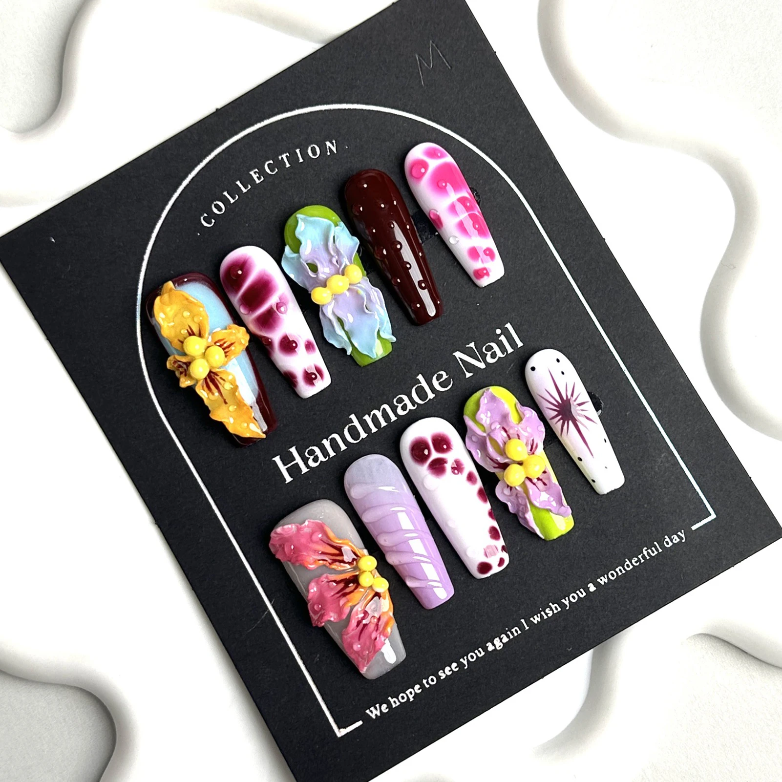 10 قطعة اليدوية طويلة الباليه الصحافة على الأظافر ثلاثية الأبعاد نحت الشيطان زهرة بتلات وهمية مسمار بقع يمكن ارتداؤها التوابل فتاة الأظافر كاذبة #2