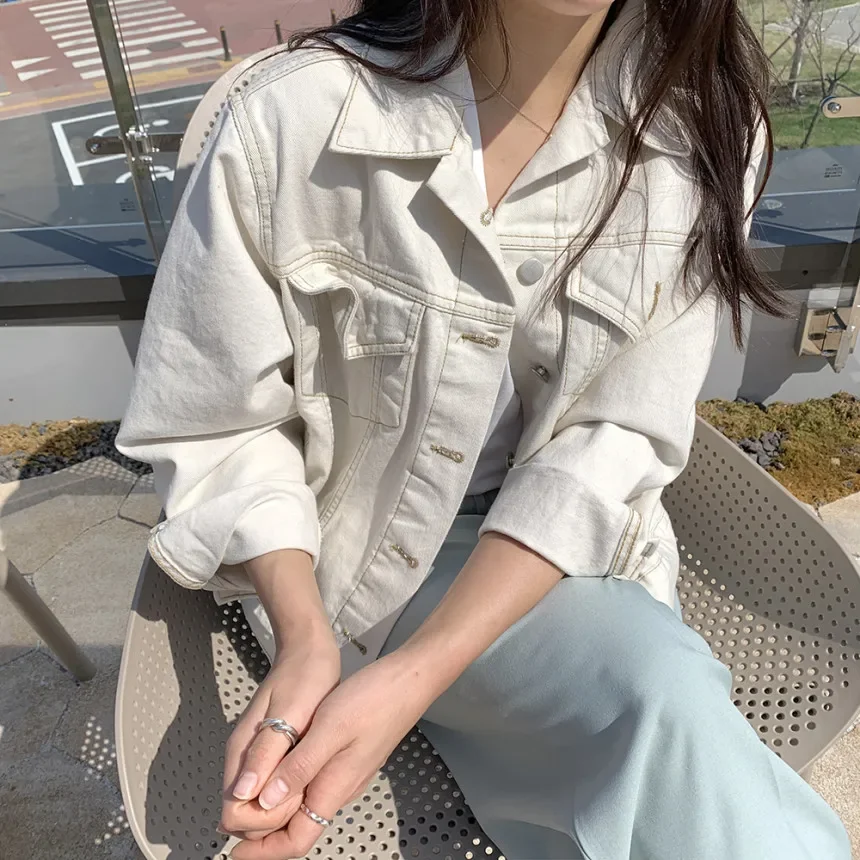 

REALEFT Spring Autumn White Denim Jackets 2025 New Long Sleeve Single Breasted Casual Loose Outwear Pockets Female