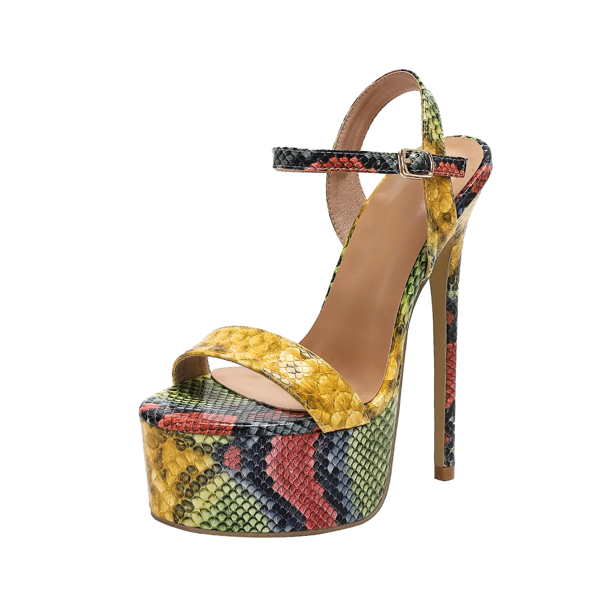 Aneikeh Extreme Thin High Heels Woman Platform Sandals Fashion Round Toe Exposed Toe Snake Pattern Rome Ankle Buckle Strap Shoes