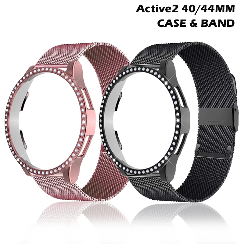 

Diamond Protective Case Metal Band For Samsung Galaxy Active 2 44mm 40mm stainless steel strap Protective Case Set Accessories