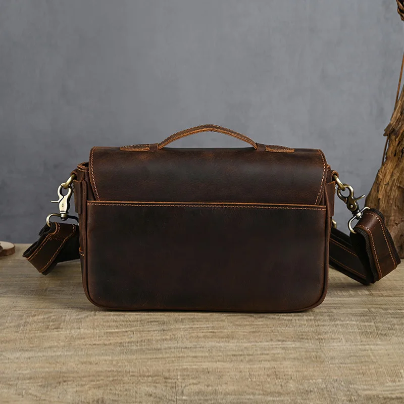 Handmade Crazy Horse Leather Camera Messenger Satchel Bag Retro Genuine Leather Cowhide Top Handle Crossbody Shoulder Bags Men