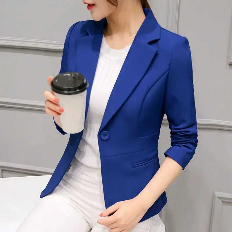 Spring Slim Plus Size 2xl Women Blazer Suits Blue Long Sleeve Single Button Girls Fashion Casual Business Suit Office Lady Tops