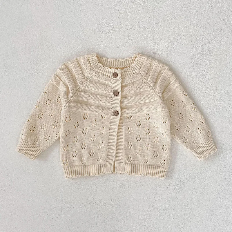 2024 New Spring Korean Style Toddler Baby Girls Sweater Coat Long Sleeved Solid Color Hollow Out Infant Baby Knitting Cardigan