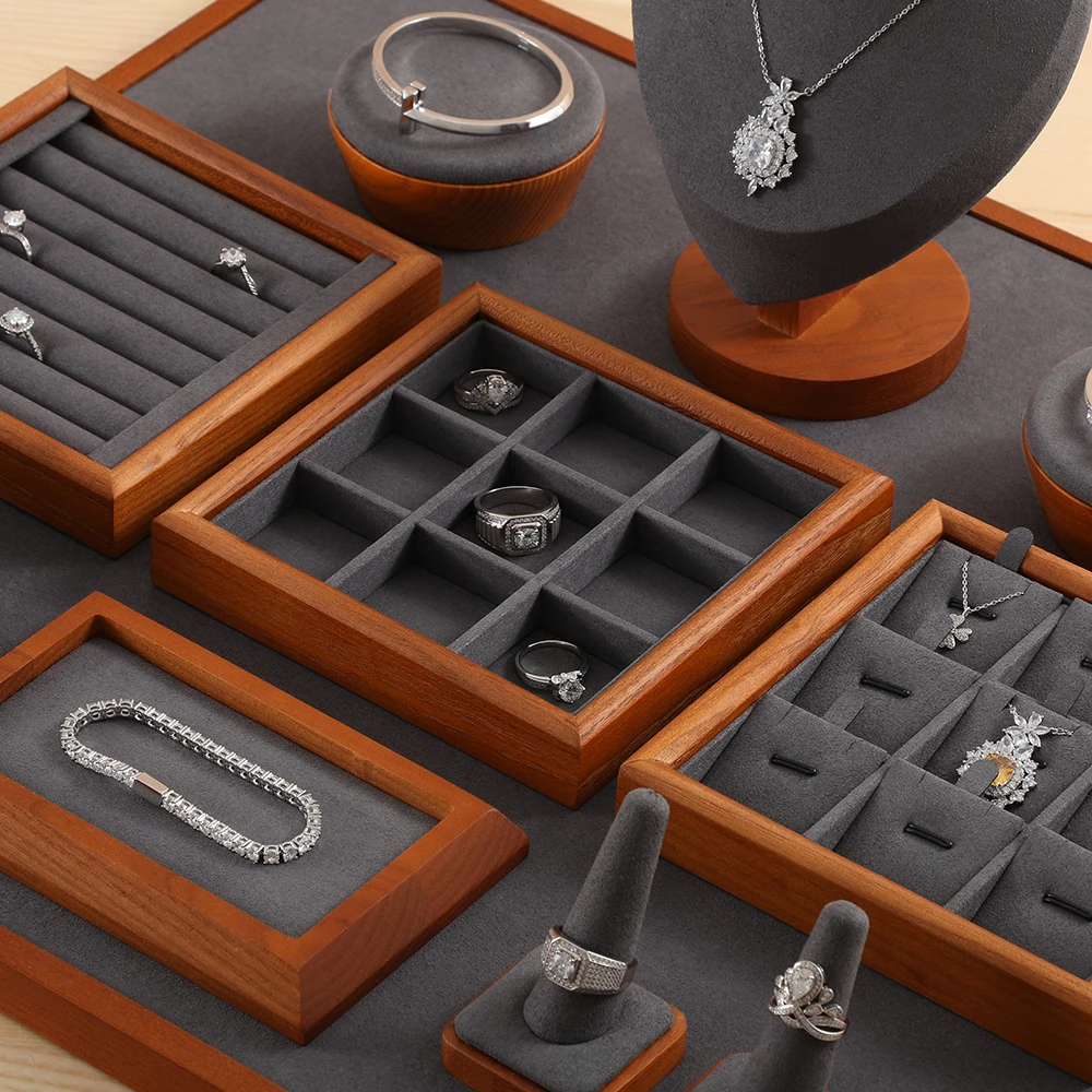 YinBeiNi Beige&Dark Gray Solid Wood Jewelry Display Tray Ring Necklace Earring Bracelet Organizer for Shop Cabinet Exhibition
