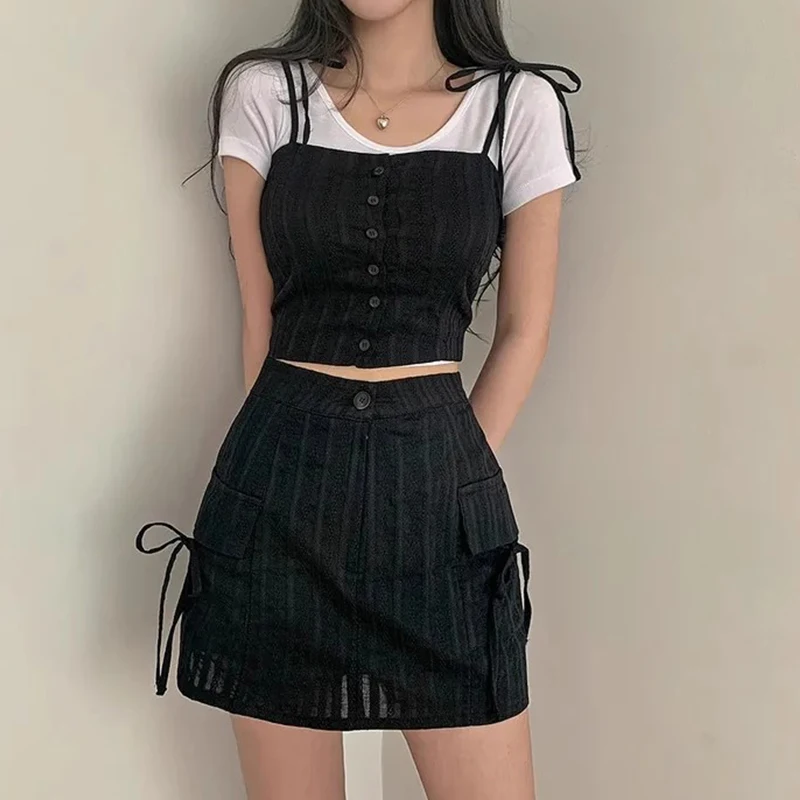 

Chic Summer Lace Hook Flower ort Strap Top with High Waist Bowknot ort Skirt Women's Faion Set Gentle Sle