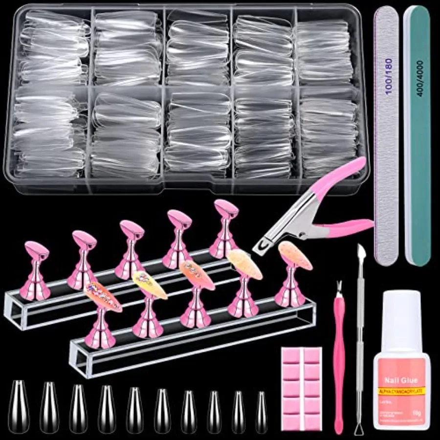 

600PCS Clear Coffin Nail Tips Set Clear Acrylic Nail Tips with Nail Glue Coffin Nails Full Cover with Nail Display Stand, Cutic
