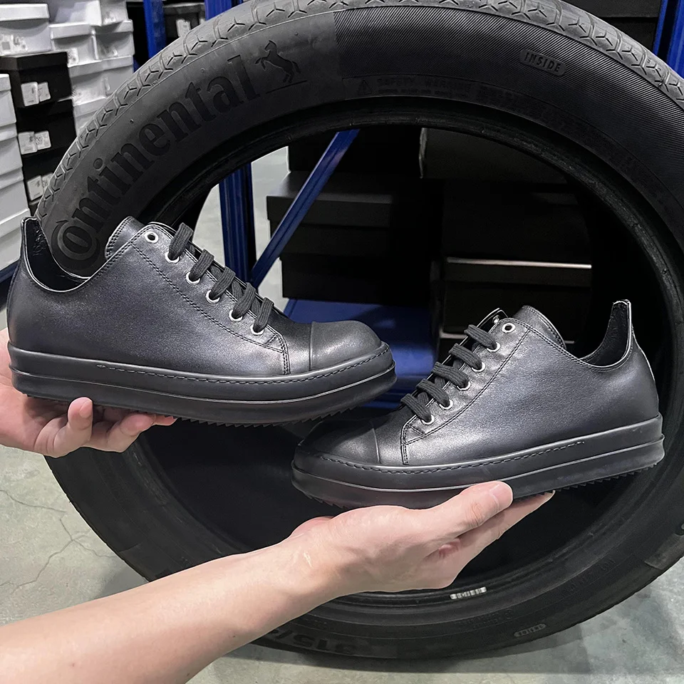 

Men Low Top Casual Shoes Genuine Leather Black Dark Shadow Ro Thick Sole Lace Up Luxury Designer Trainers Women Flat Sneakers