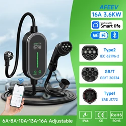 AFEEV 3.6KW Portable EV Charger Type2 IEC62196-2/Type1/GBT 6-16A Adjustable, IP65  APP Control EU Plug Safe Fast Charging
