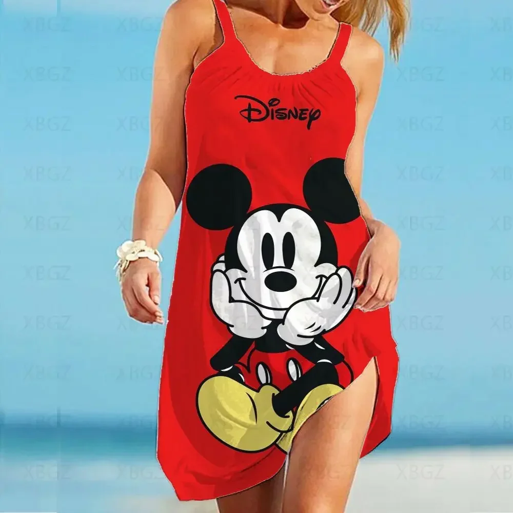 Summer Dresses Woman 2024 Disney Plus Robe Loose Sexy Dress Minnie Mouse Women\'s Boho Sling Top Cartoon Beach Print Fashion