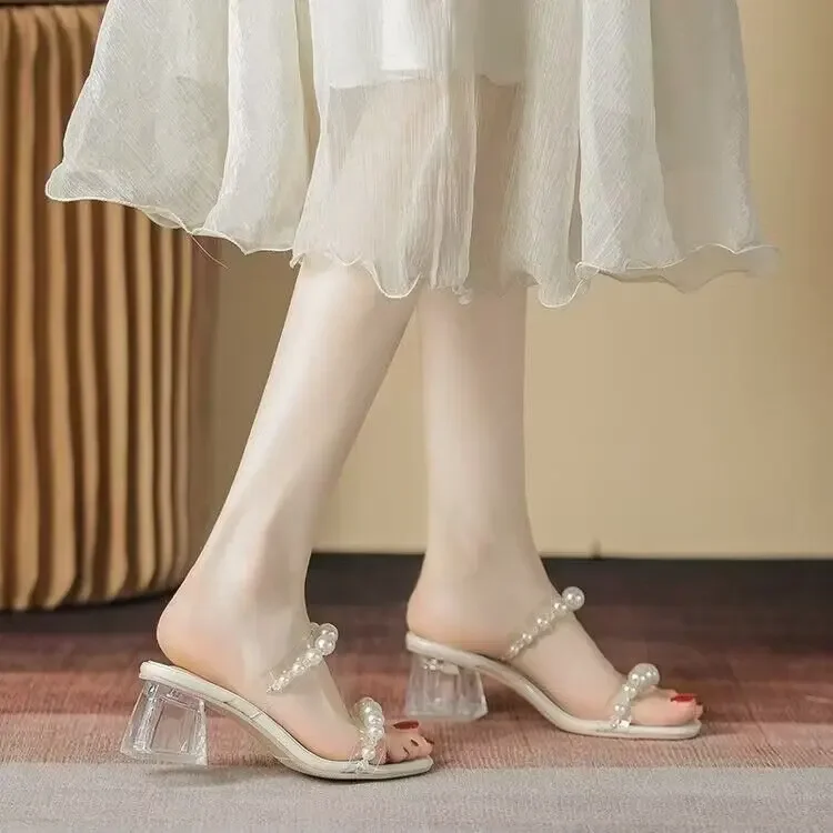 Sandals for Women Summer New Fashion Women's Pearl Transparent Heel Open Toe Shoes Female Casual  Slides Sandalias De Mujer