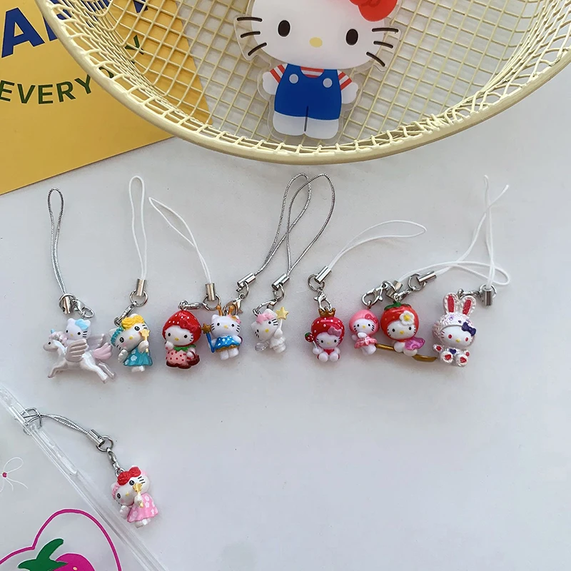 Sanrio Hello Kitty Strawberry Pendant Anime Cartoon Angel Phone Chain Keychain for Girls Cute Accessories Gift