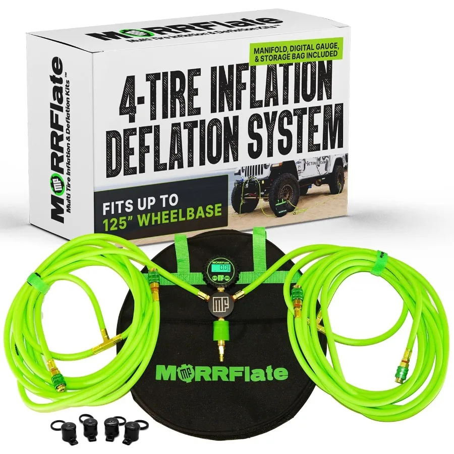 

MORRFlate Quad 4 Tire Inflation Deflation System for Vehicles Up to 125 Wheelbase with Digital Gauge and Storage Bag - Hose Kit