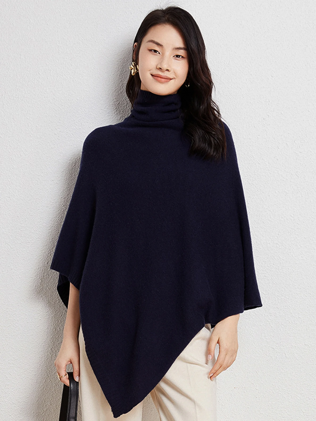 100%Wool Turtleneck Poncho Pullover Shawls Women Knitted Irregular Cloak Fashion Soft Warm Wollen Bat Sleeve Loose Thin Coat