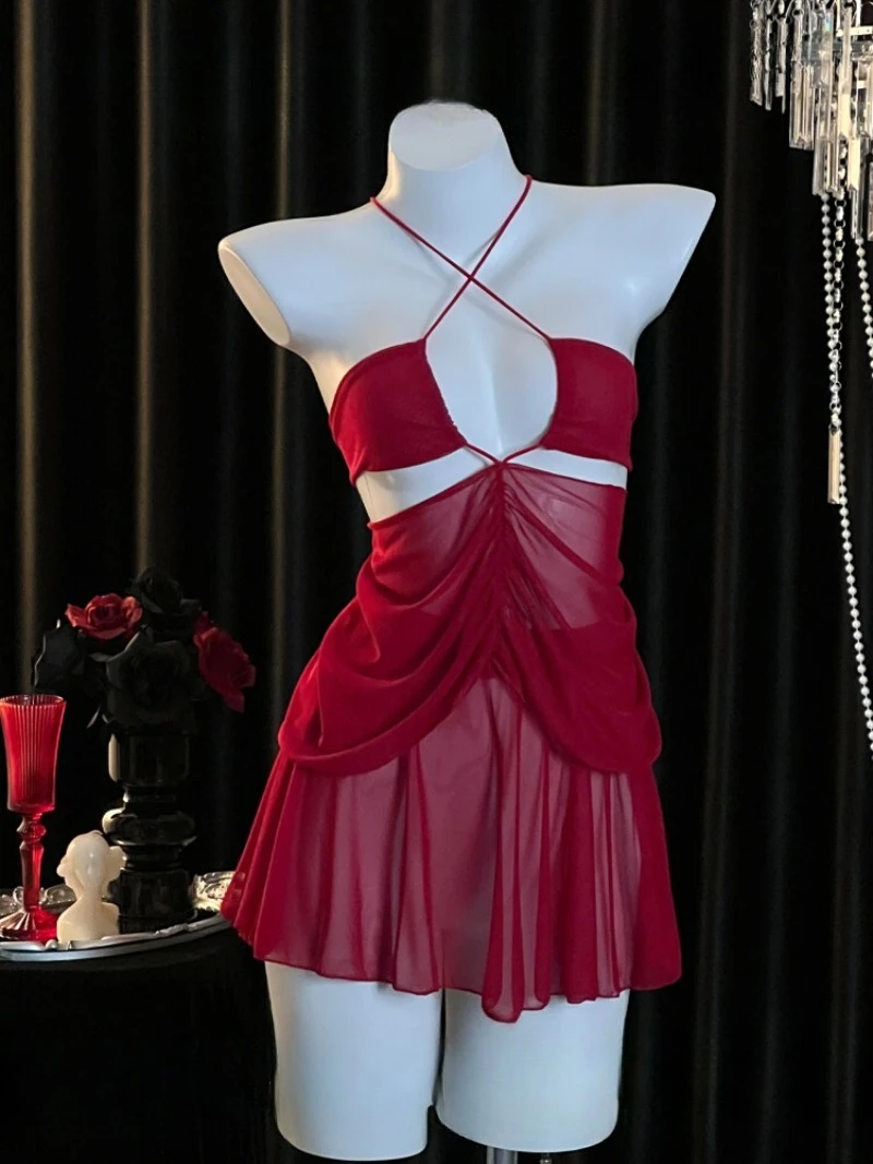 

Red Strapless Tulle Cutout Mini Nightdress,Sexy Cross-Neck Halter Sleepwear,Hot Pure Desire Lingerie Set for Romantic Dates