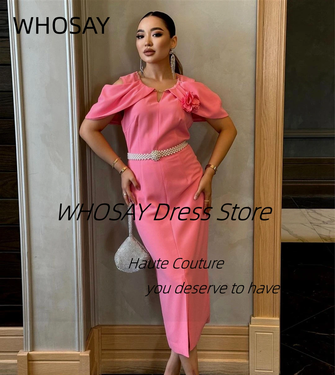 WHOSAY-Vestidos de Fiesta largos para mujer, ropa de fiesta de boda con cuello redondo, faja con cuentas, abertura frontal, vestidos de noche especiales para banquete