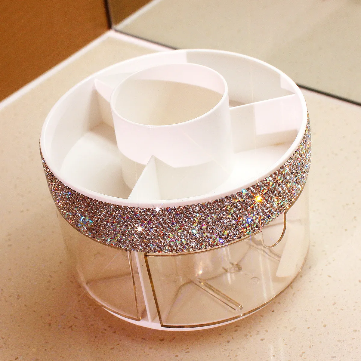 Bling Rhinestone 360° Rotating Makeup Brush Holder Cosmetic Organizer for Nail Polishes Skincare Perfumes Desktop Vanity Storage