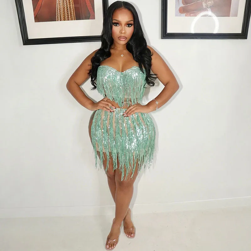 

Doyerl Блестящий комплект из двух предметов с кисточками и блестками, женский укороченный топ без бретелек для дня рождения и клуба, ночной вечеринки, одинаковые комплекты мини-юбки