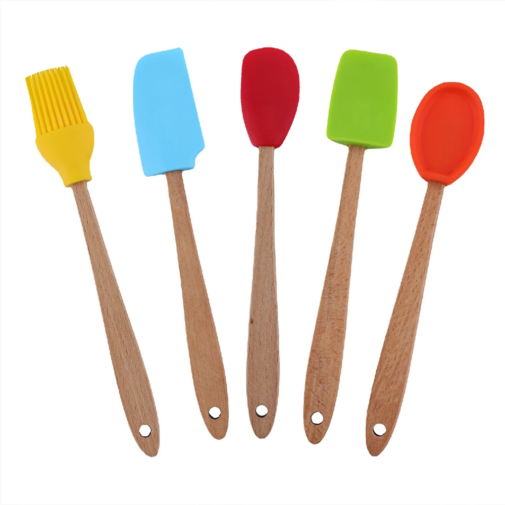 5 Pcs Silicone Small Spatulas Set Mini Spatula Wooden Handle Heat Resistant Spoon Scraping Spoon Baking Kitchen Utensils