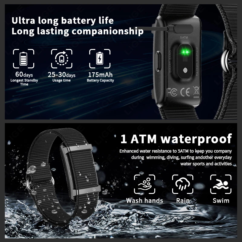 LIGE لا شاشة اللياقة البدنية سوار ذكي الرجال النساء الرياضة الفرقة ساعة مراقب معدل ضربات القلب 1ATM مقاوم للماء متعددة الوظائف معصمه